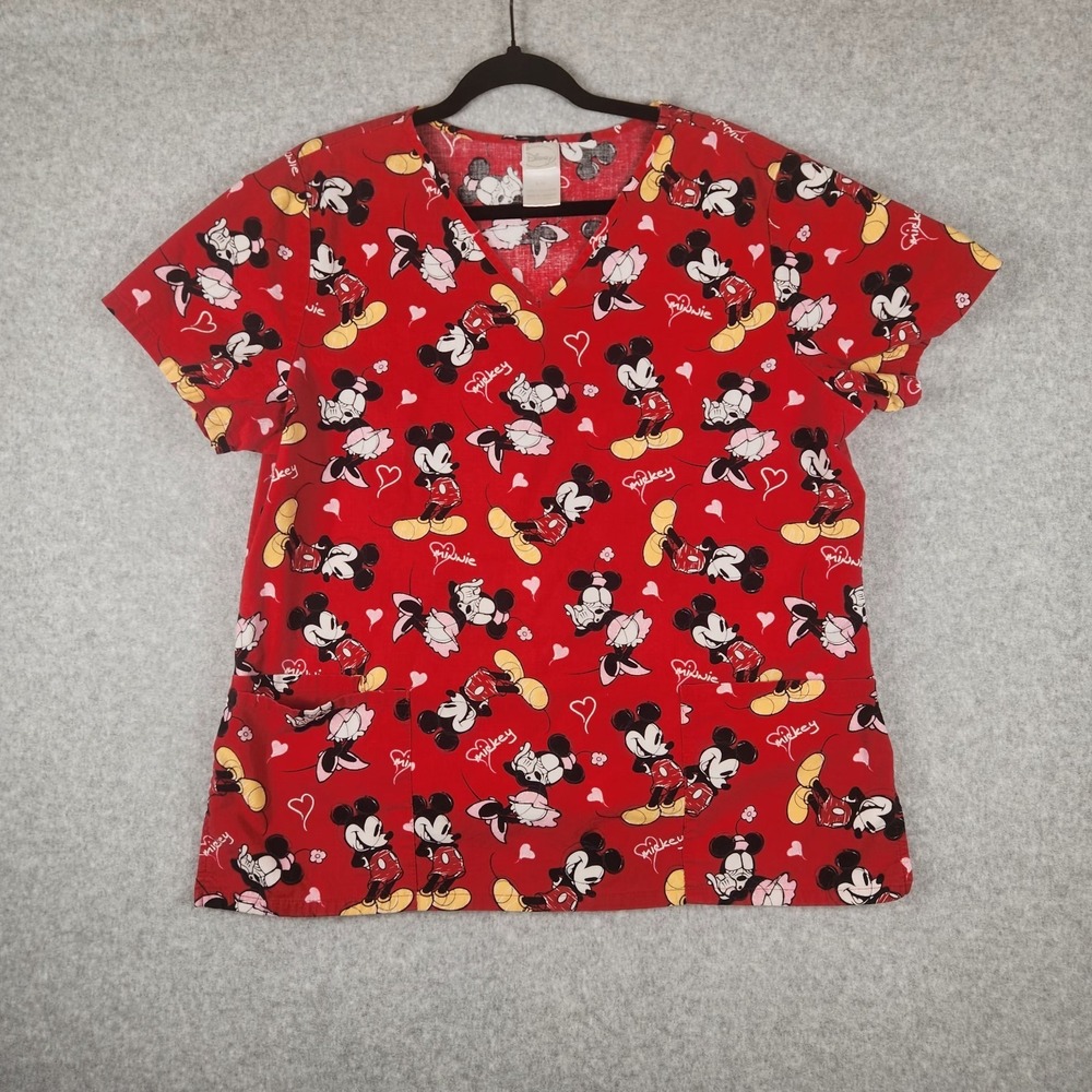 Disney Scrub Top Adult Size Large Red  Mickey & Minnie Mouse
